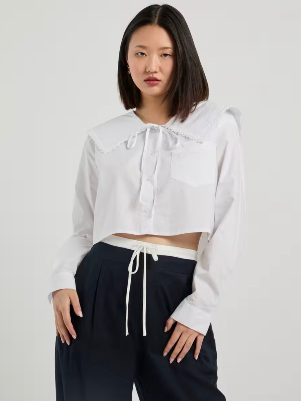 Zara NWOT White Sailor-Collar Cropped Lace Top - Women